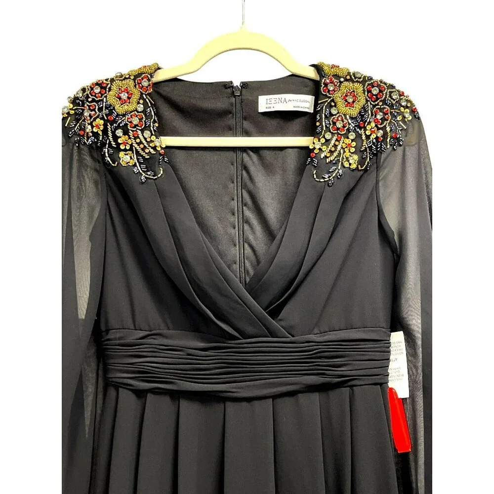 NWT Mac Duggal Black Embellished Shoulder Long Sleeve Gown Maxi Dress Size 4